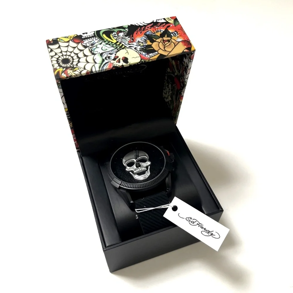 Ed Hardy Skull Watch Mens Black Silicone Strap 3D Skeleton Dial 50449B NWT